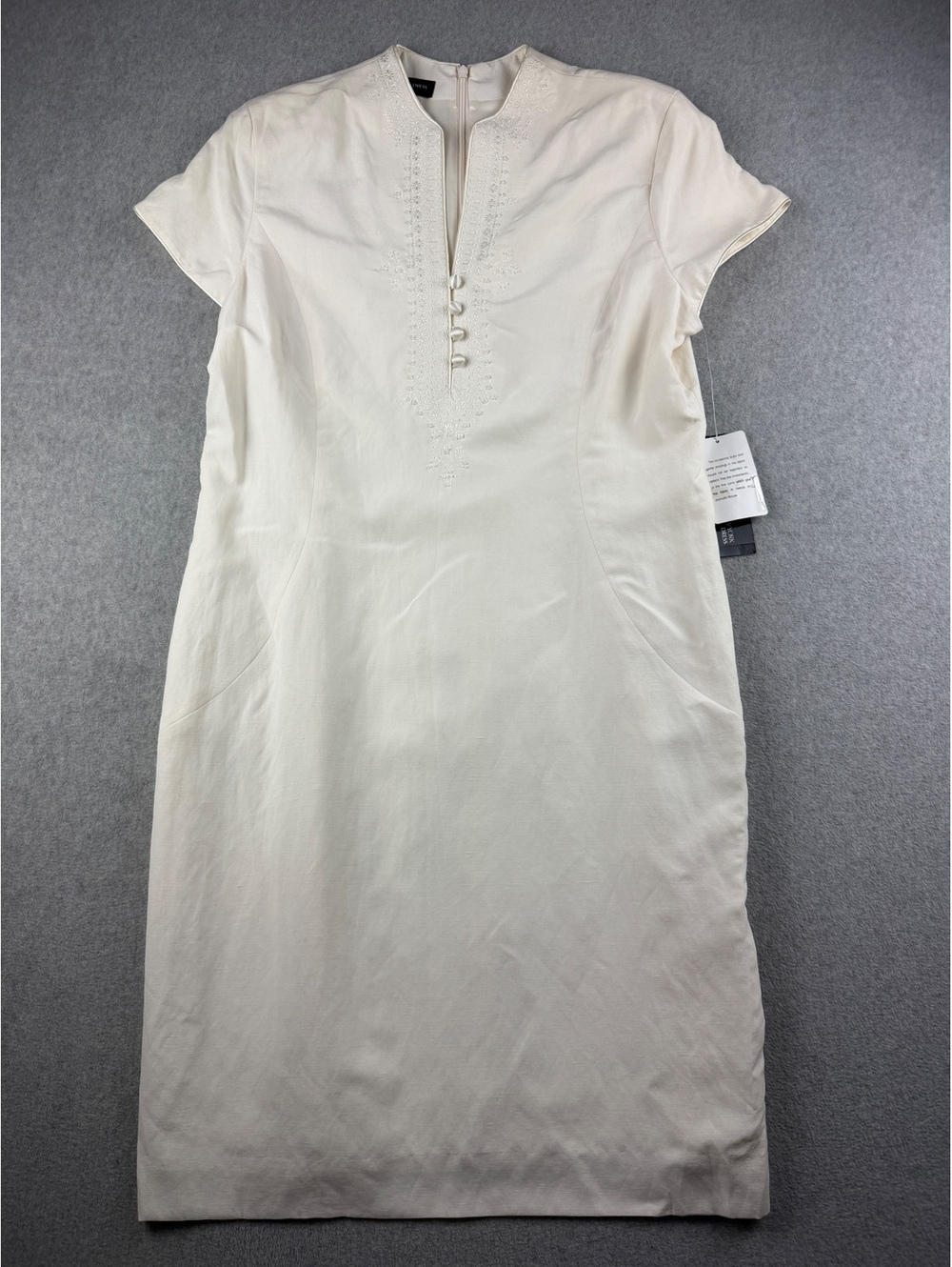 Vintage Jones New York Size 16 Ivory Silk Linen Embroidered Midi Dress 90s
